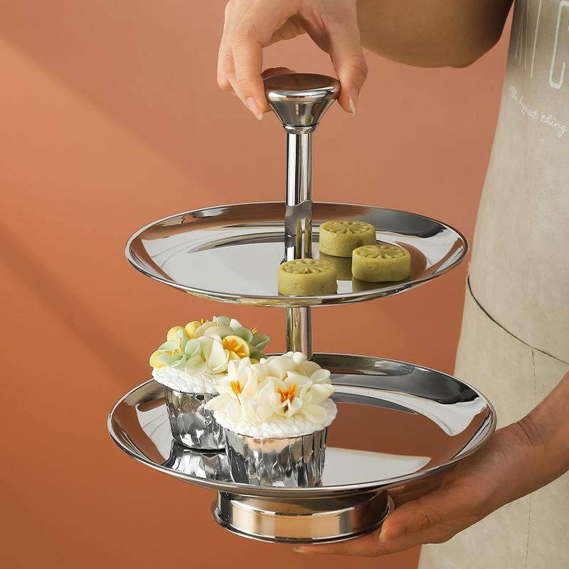 2 / 3 Layer Round Stainless Steel Gold and Silver Plate Fruit Dessert Cake Rack Tray Double Layer Tea Dessert Set Cake Tool