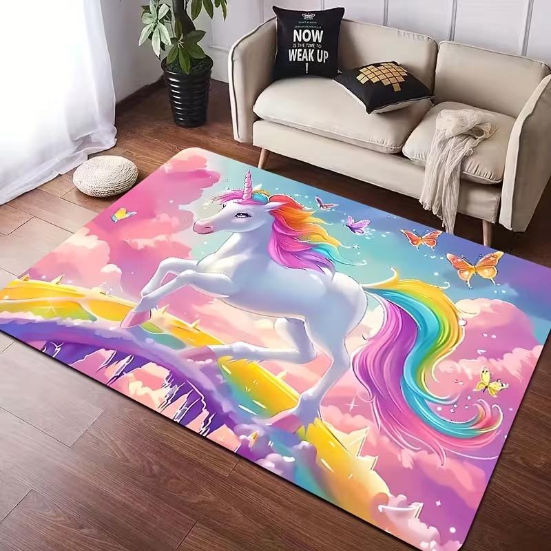 1pc Whimsy Woods Unicorn Area carpet, Cartoon Fantasy Horse Mat for Bedroom, Living Room Entryway - Machine Washable Decor Rugs