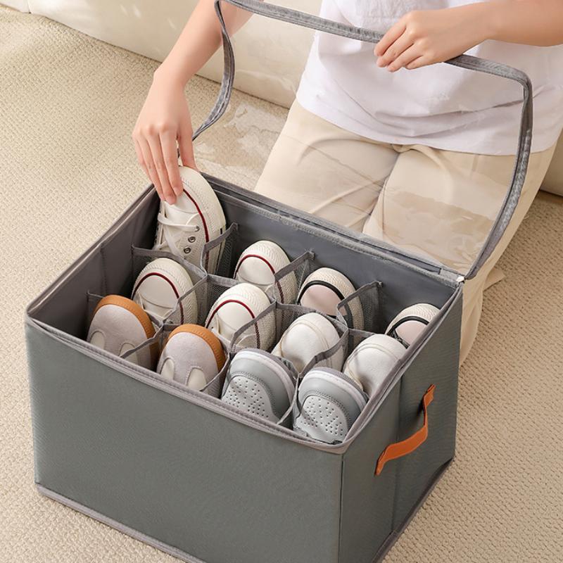Multifunctional Grid Storage Shoe Box Cross-Border Foldable Fabric With Cover Dustproof And Washable Sundries Storage Box