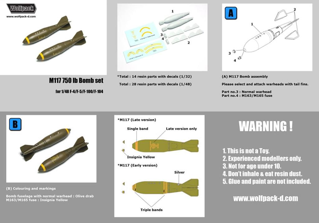 Wolfpack Designs M117 Bomb Set Plastic Model Parts WOLWP32074 1/32 750-pound (Airplane)