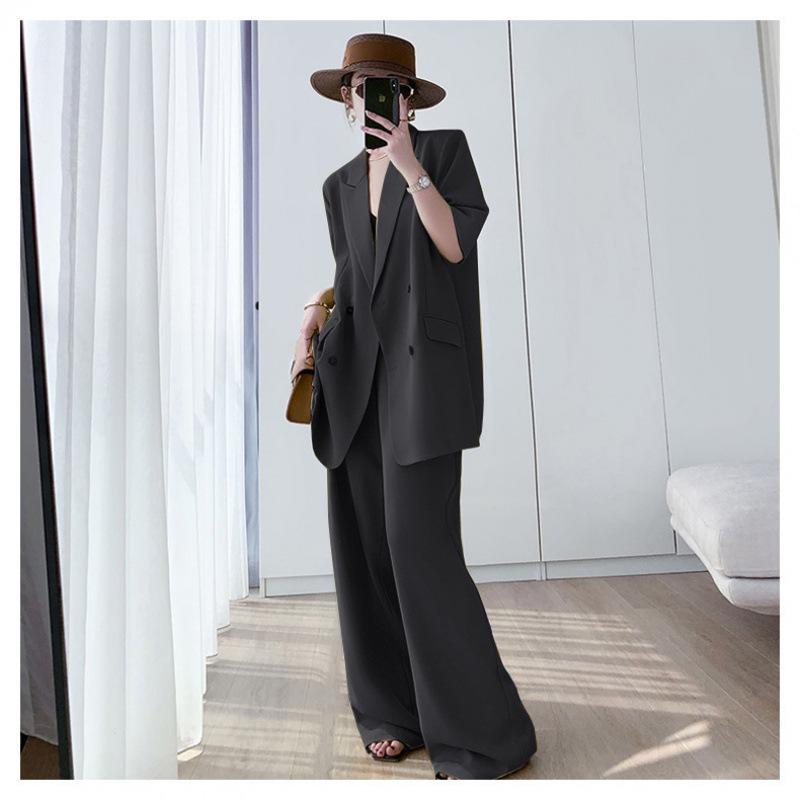 Plus Size 6681 Summer Slimming Wide-Leg Pants Two-Piece Suit for Women