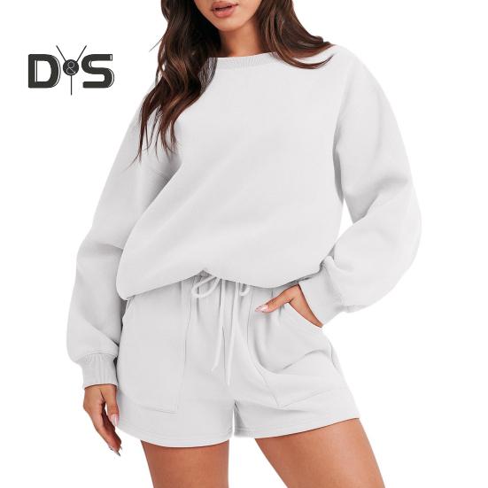 

2 шт./комплект женский свитер шорты комплект свободный однотонный цвет завязка эластичный пояс длинный рукав круглый вырез эластичные манжеты мягкие карманы леди осень весна M белый