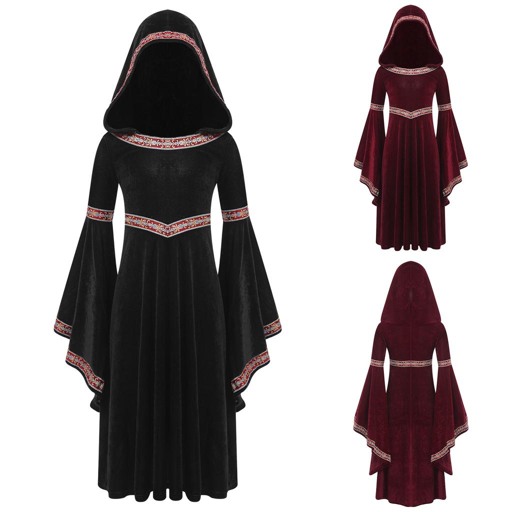 Kids Girls Halloween Princess Robe: Complete Medieval Cosplay Outfit with Hood, Trumpet Sleeves & Detailed Embroidery