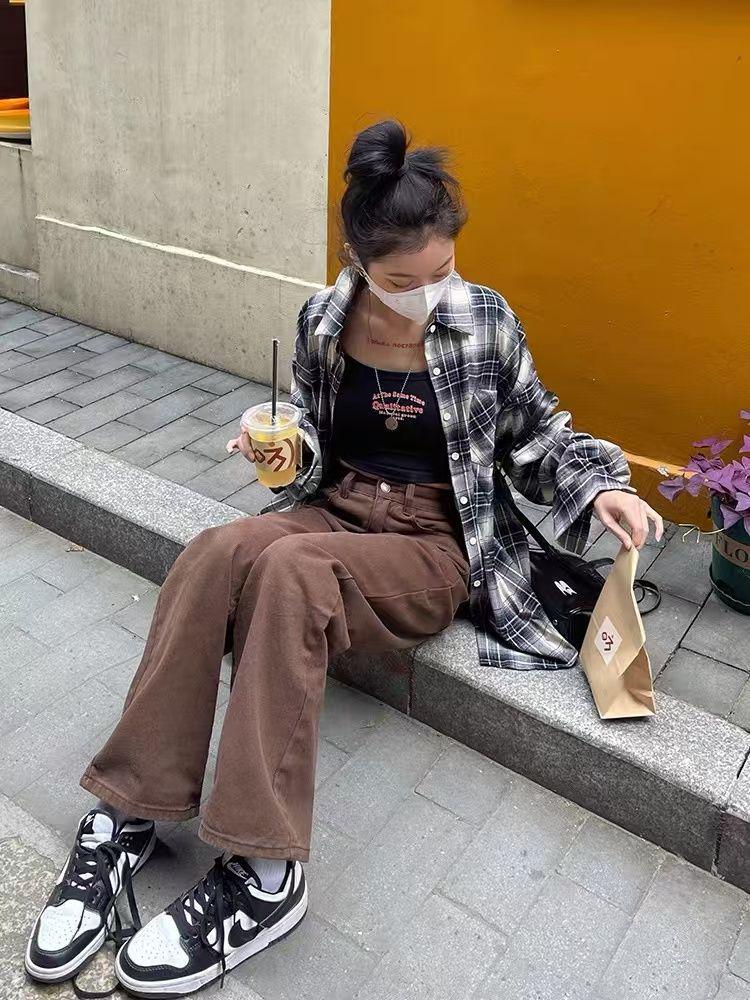 

Женская ретро клетчатая куртка-рубашка – Повседневная, Свободная, Приталенная, С длинным рукавом для осени XXL