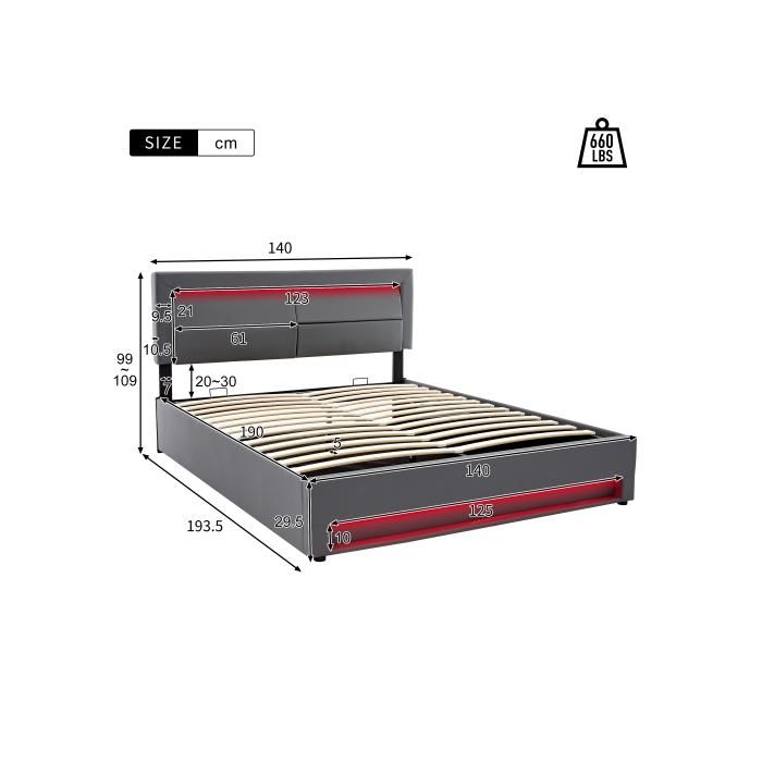 Gepolstertes Bett - MUVOE - 140x190 cm - USB-Anschluss - LED-Beleuchtung - Integrierter Stauraum