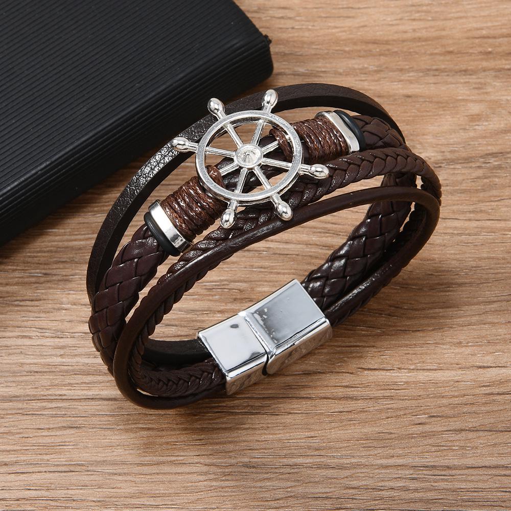 

Retro Style Zinc Alloy Ship s Wheel Multi-layer Men s Leather Bracelet темно-коричневого