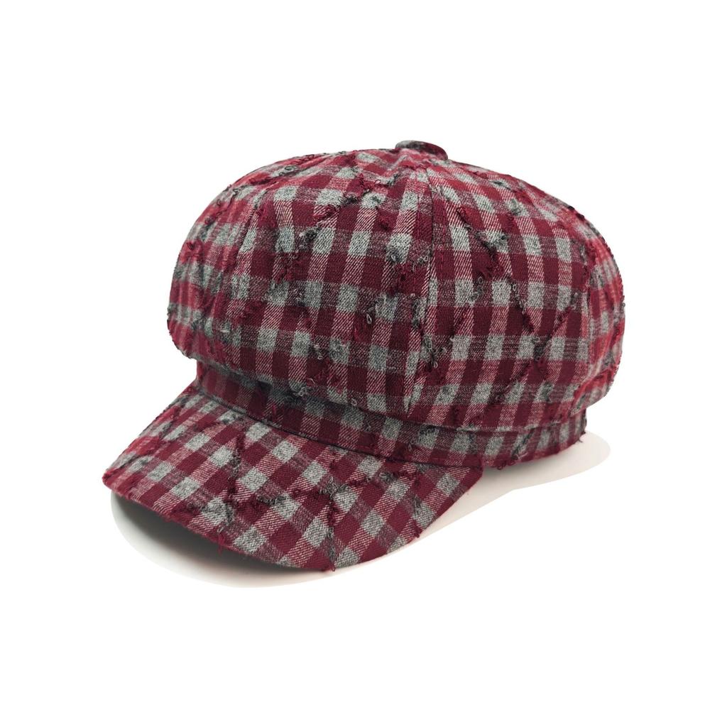 JYL TS DIY Fringed Plaid Octagonal Cap  Newsboy Cap Cotton
