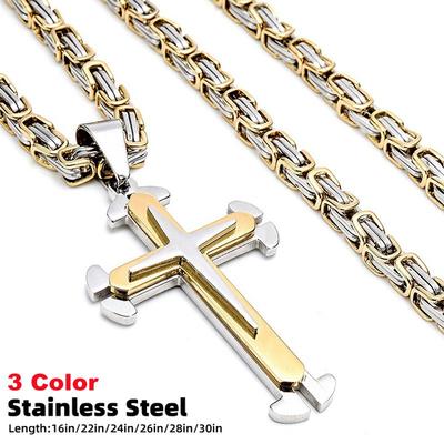 Men's Fashion Jewelry Cool Necklace Byzantine Stainless Steel Cross Pendant Necklace Chain Length