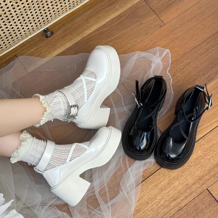 

Round head high heel Mary Jane shoes women s 2024 autumn and winter new thick heel thick sole black small leather shoes loafers 40