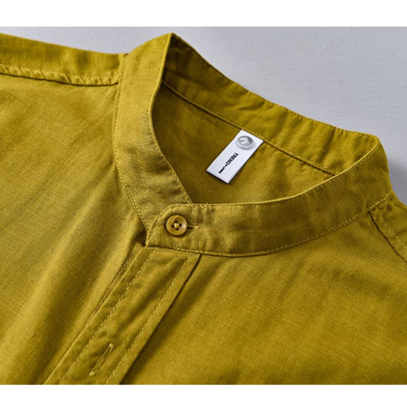 Solid Color Stand Collar Short Sleeve Shirts for Men Daily Summer Tops Casual Soft and Comfortable Cotton Linen Shirt Simple Style Men Clothing