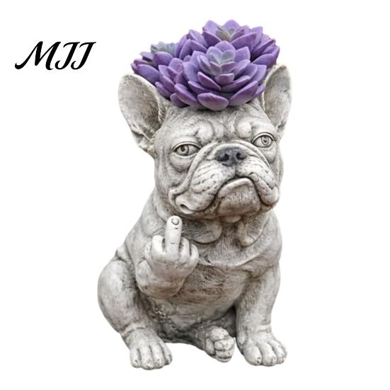 Small Plant Pot Bulldog Dog Planter Funny Middle Finger Resin Flower Cute Whimsical Container Animal Shaped for Home Office Desk Garden Decor