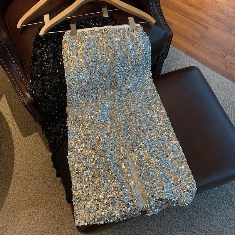 Women s High-Waisted Silver Sequin Midi Skirt, Autumn, Hip-Hugging, Slimming Design with Slit Large (L) серебряный