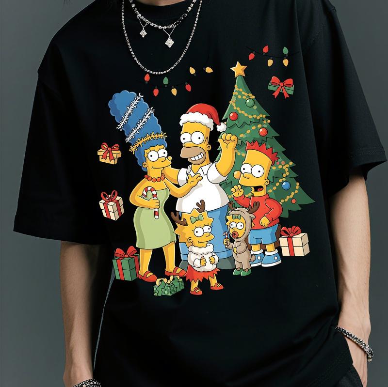 Summer Simpson Family Christmas Print Tshirt with The Same Casual Letter Cartoon Pattern for Both Unisex and Women Cotton