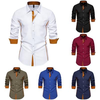 Men's Spring Contrast Color Lapel Long Sleeve Shirt Men's Casual Fashion Long Sleeve Shirt