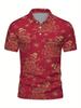 Men's Short-Sleeve Polo Shirt with Lapel Collar & Button Placket - Full-Body Christmas Print Button-Front Suitable for Dates, Beach Vacations, Machine
