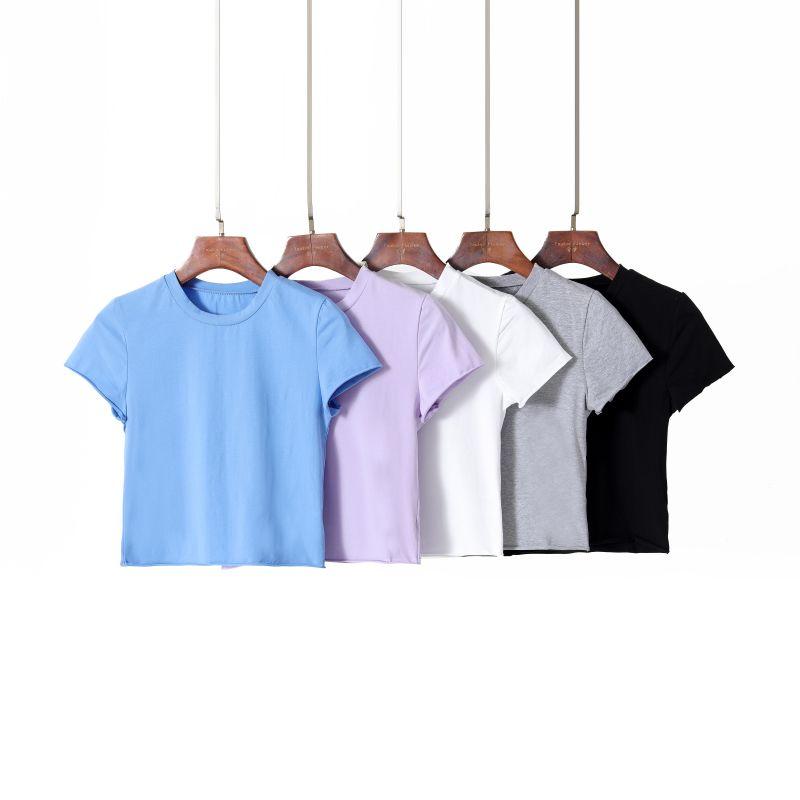 

Women s Korean-Style Minimalist Solid Color Short Sleeve Slim Pullover Blue S