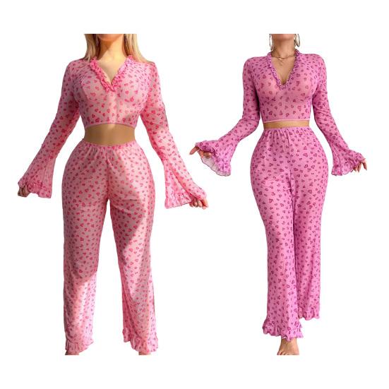 Damen Valentinstag Pyjama Set Sexy Herz Print Rüschensaum 2-teilig Lounge Pjs