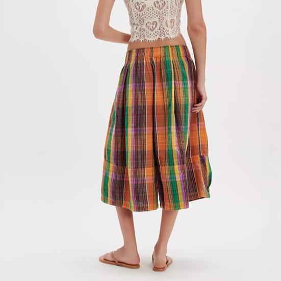 Women's Summer Boho Plaid Culotte Pants Casual Wide Leg Palazzo Trousers Baggy Cropped Gingham Capris Pants with Pockets