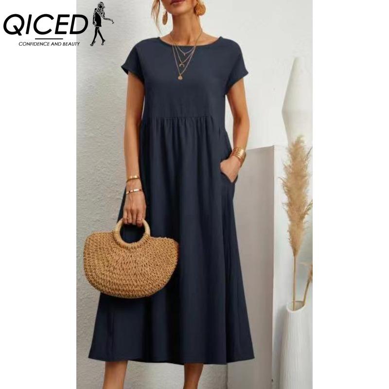 QICED Women's Fashion Summer Spring Solid Color Print Short Sleeve O-Neck Casual Dresses