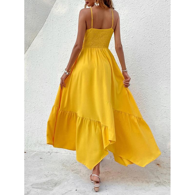 Módní sexy šaty bez rukávů pro ženy, letní prázdninové šaty s odhalenými zády a střihem, ležérní dlouhé šaty pro ženy, vintage nepravidelný vysoký pas, žluté šaty 26205
