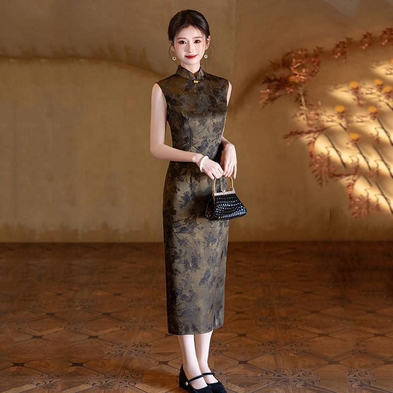 Sleeveless Chinese-Inspired Long Cheongsam Dress Women 2026 Vintage Fit-and-Flare Style With Stand Collar Round