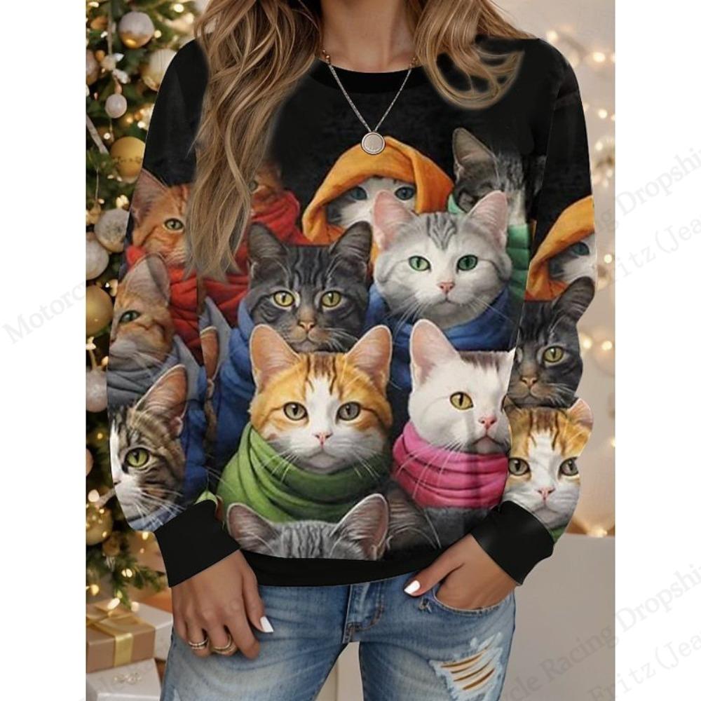 

Мультяшный котенок кот 3D принт худи с круглым вырезом женский модный оверсайз толстовка женская одежда с животными осень зима S