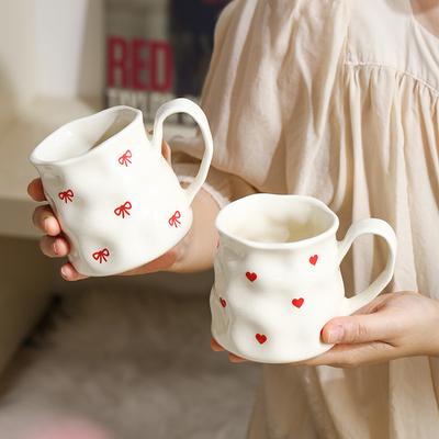 Ins High-value Hand-squeezed Ceramic Cup Cute Cream Wind Bow Mug Household Couple Love Coffee Cup