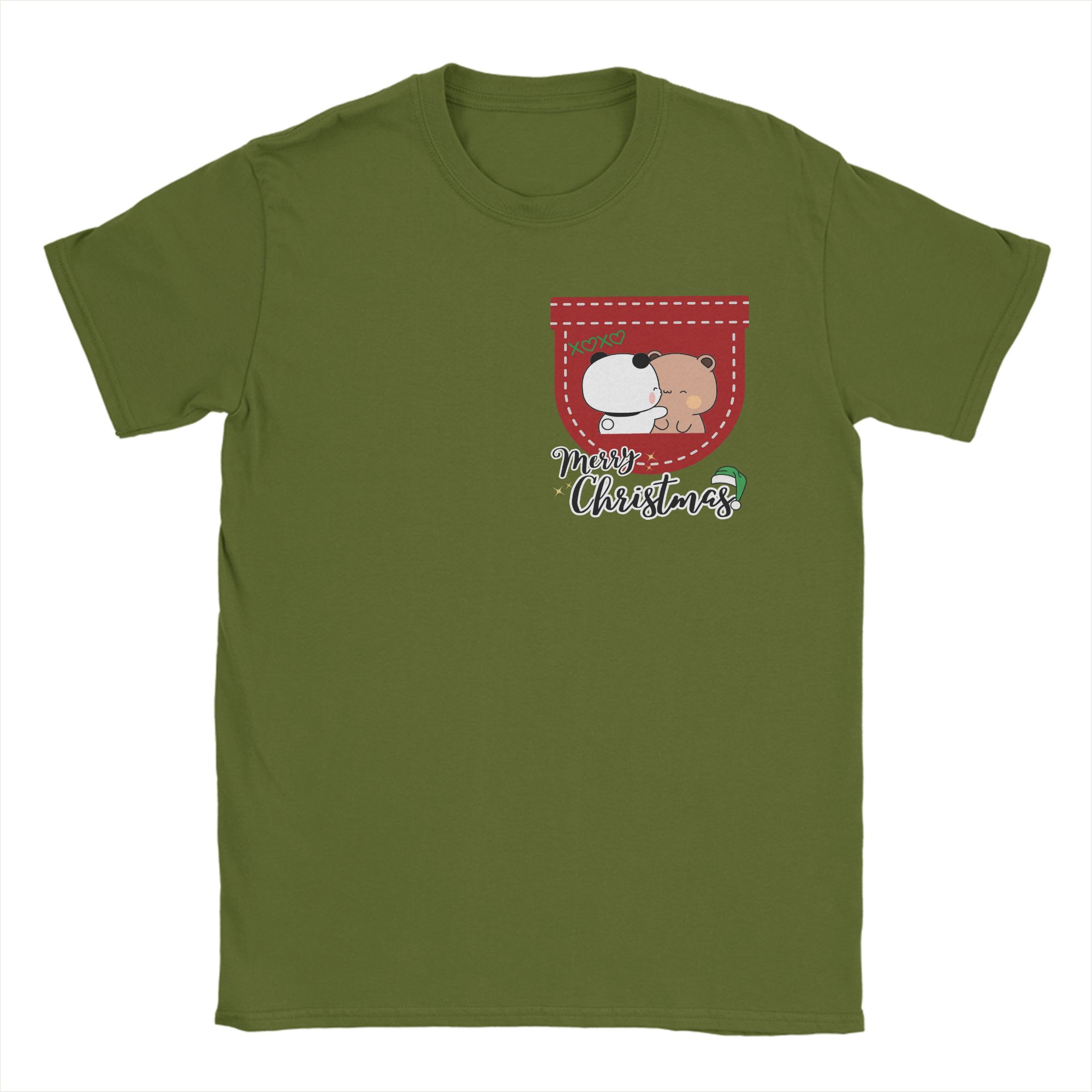 

DuDu Bear and BuBu in Red Christmas Pocket T-Shirts Short-Sleeve Y2K Basic Tops Summer 100% Crewneck Oversize Tees 4XL