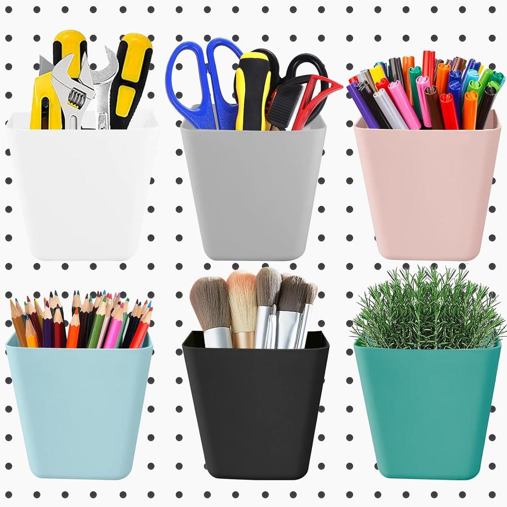 6Pack Pegboard Cups, Large Pegboard Bins with Hooks, Square Box Shape Pegboard Cup Holder Accessories for Garage Office Craft Room DIY Tools Playroom