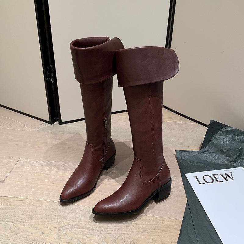 

Cowhide French temperament thick heel knee boots two wear foldable women s boots western boots knee boots women 39 темно-коричневого