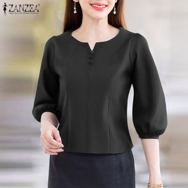 ZANZEA Women Casual V-Neck Solid Color 3/4 Sleeve Blouse