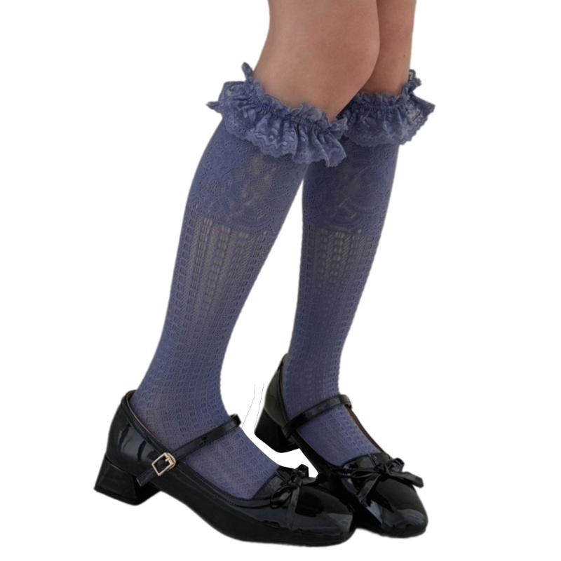 Women Knee Highs Fishnet Socks Ruffle Lace Hollowed out Calf Socks Mesh Socks Lolitas Fishnets Stockings Cosplay Costume