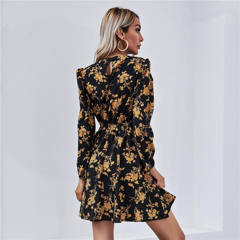 Elegant Women Floral Dress Autumn Long Sleeve High Waist Slim Dresses Female Office Commuter Comfortable Wear Daily Casual Gown