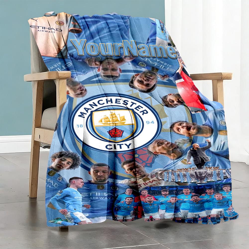 Manchester City Personalized Name Blanket Multi-purpose Customizable Blanket Soft Warm Cozy Perfect for Seaside Bed Home Decor Office Chair