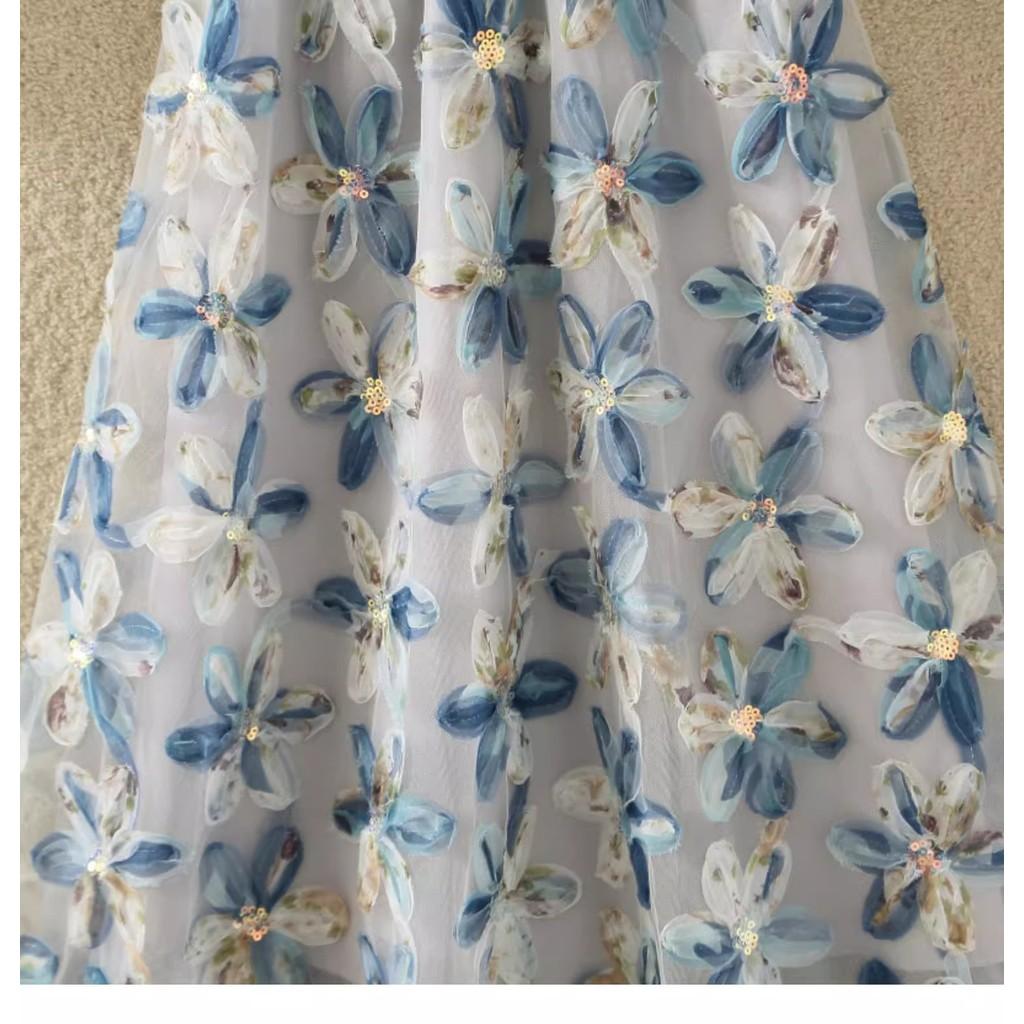 Qooth Women Embroidery  A Line Tulle Skirt Wide Hem Mid Length Elastic Waist Skirt Elegant QT2634