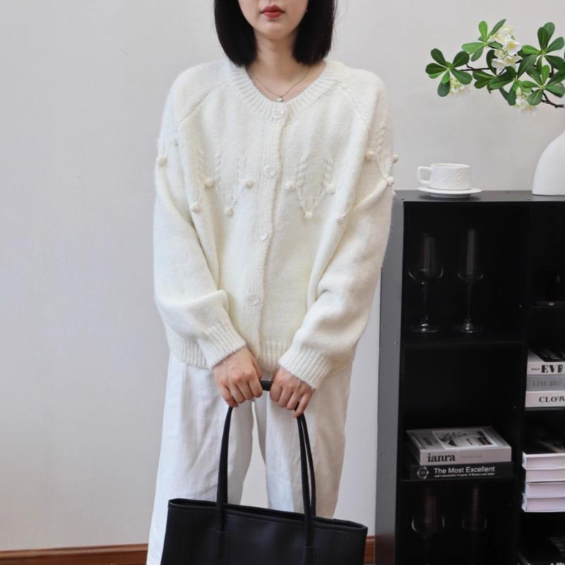 Autumn and winter new design sense heavy industry crochet knitted cardigan loose soft waxy crew neck sweater jacket women