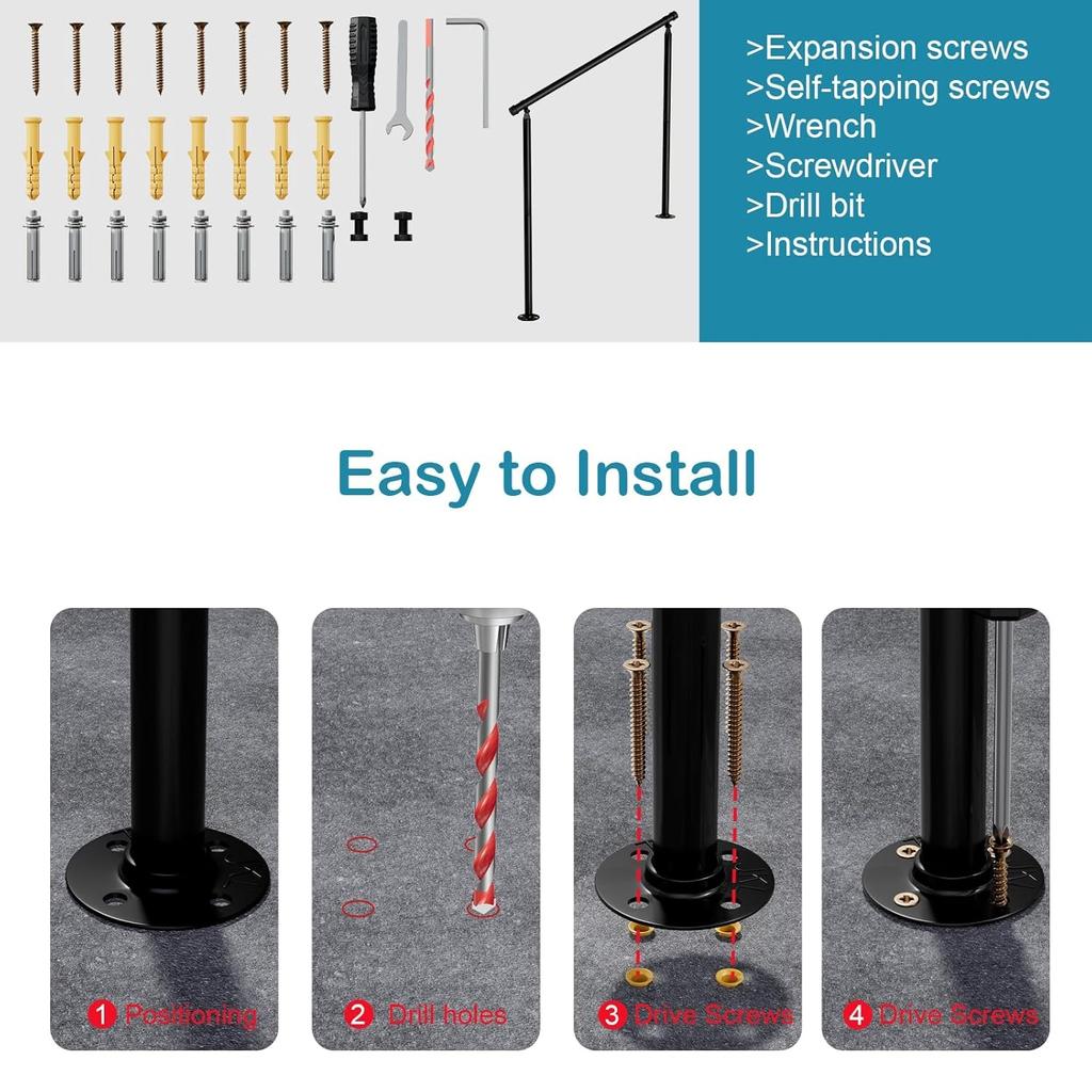 Metal Outdoor Step Handrails for 2-3 Steps - Black Porch & Deck Railing with Install Kit for Concrete/Patio