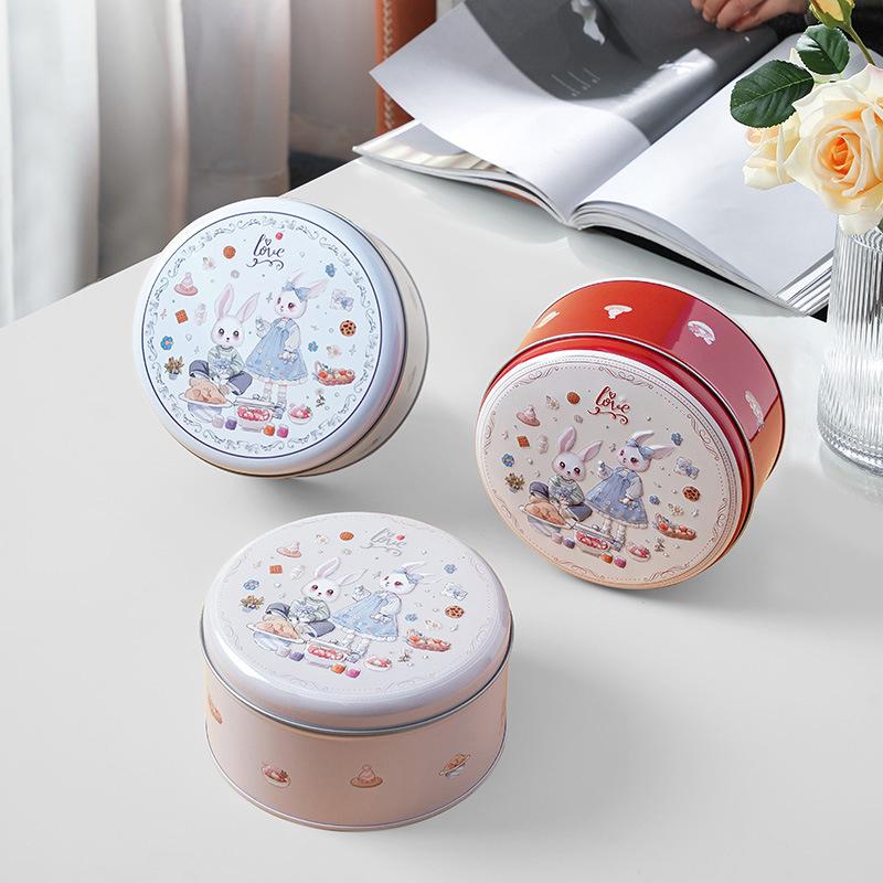 Cartoon Rabbit Printed Tinplate Candy Chocolate Boxes Metal Empty Cookie Tin Box Multifunction Round Wedding Candy Jar