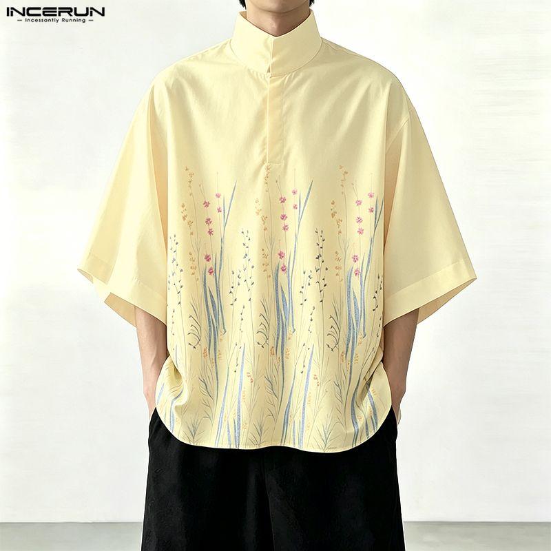 INCERUN Oversized Summer Men Lapel Neck 3/4 Sleeve Buttons Print Casual Shirts Tops