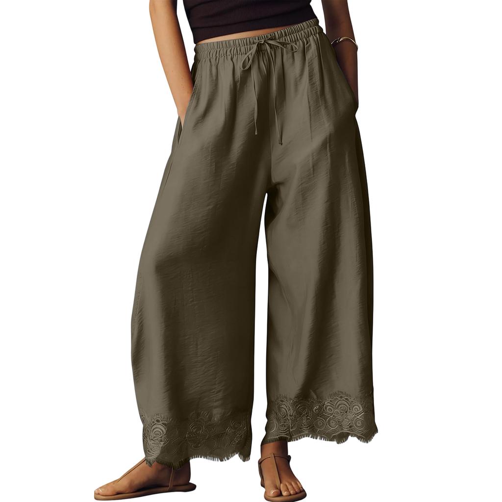 Women's Casual Wide Leg Pants Elastic Waistband Drawstring Bottom Hem Lace Trim Palazzo Trousers for Everyday Wear