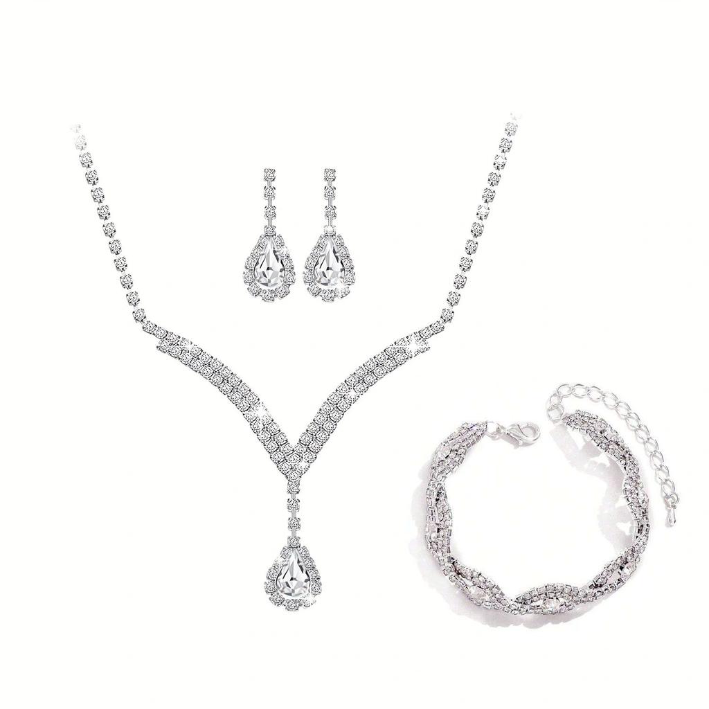 Bridesmaids Ball Outfit Rhinestone Jewelry Set Bridal Wedding Metal Zircon Water Drop Wave Necklace Earrings Bracelet