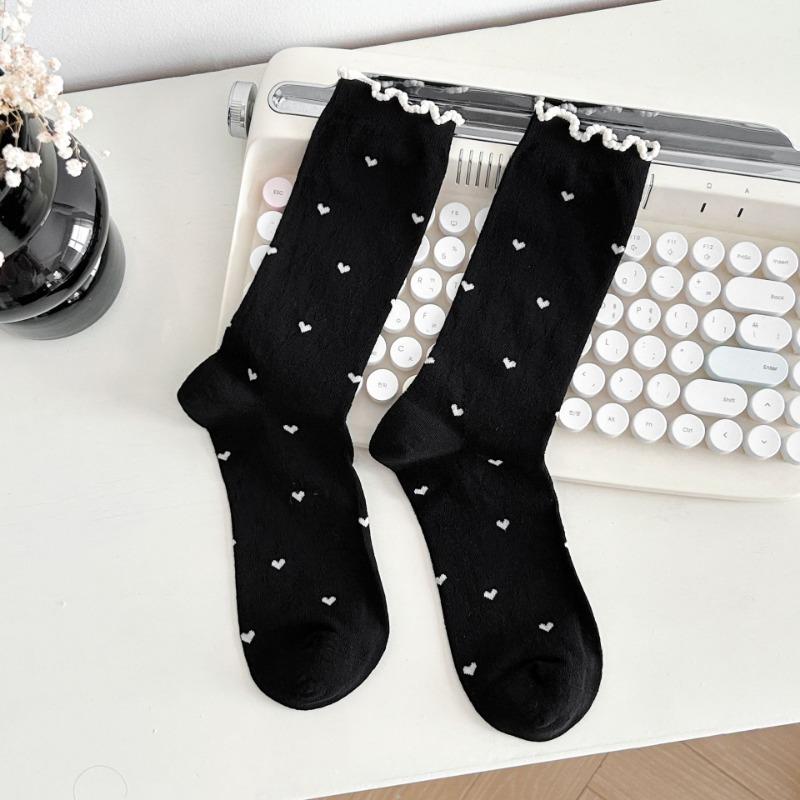 Women's Summer Socks with Mesh, Black Fungus Edges, Pile Socks, Lace Bows, Mid-calf Socks, Boneless Breathable Socks