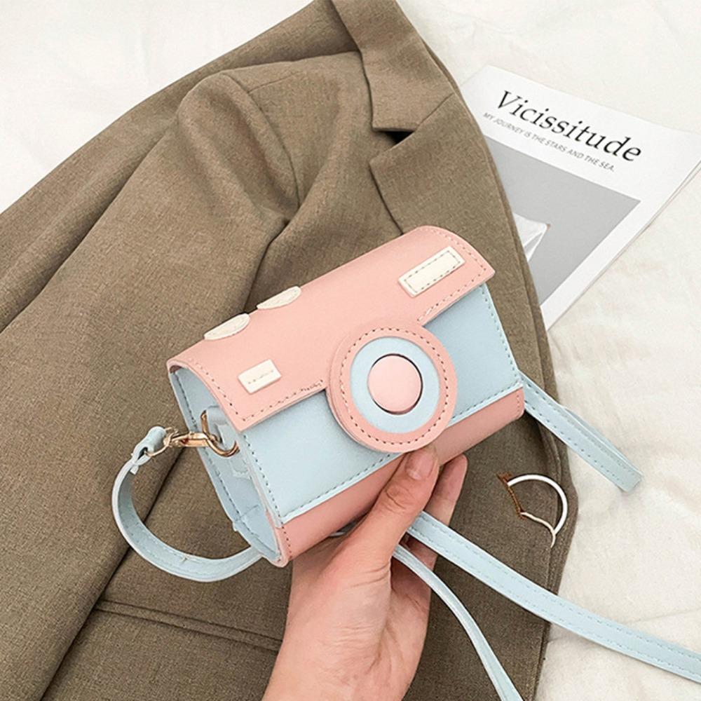 

PU Camera Shoulder Bag Mini Contrast Color Crossbody Bag Retro Funny Square Bag Outdoor синий/розовый