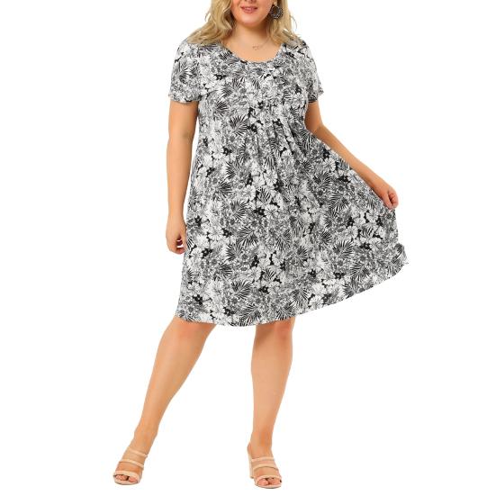 Women Dress Round Neck Short Sleeve Pleated Detail Short Dress Floral Print Flowy Hem Loose Fit Dress Plus Size