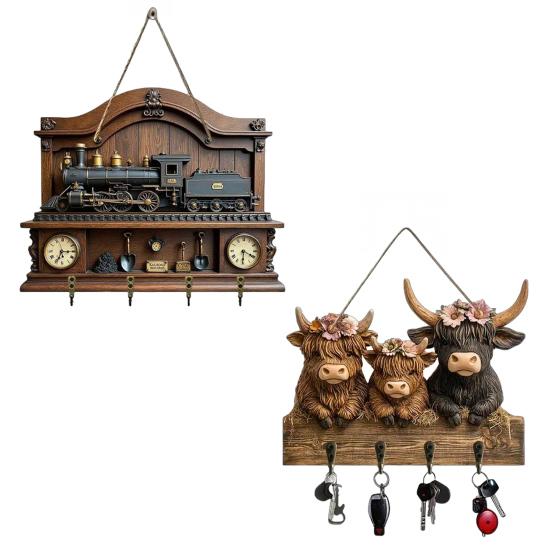 Wooden Highland Cattle Key Holder with 4 Hooks Vintage Train Wall Mount Key Organizer Multi-purpose Home Office Entryway Decorative Key Hanger Rack