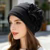 Turban Hat for Women, Side Flower Decor Head Wrap, Pure Color High Elasticity Turban Cap for Sensitive Scalp Postpartum Care Sleep