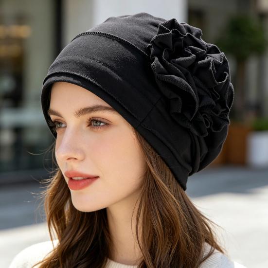 Turban Hat for Women, Side Flower Decor Head Wrap, Pure Color High Elasticity Turban Cap for Sensitive Scalp Postpartum Care Sleep