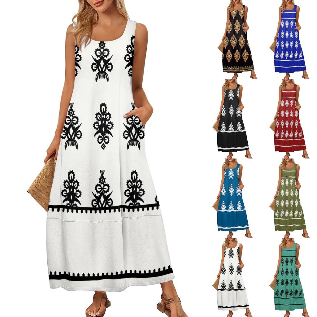 Damen Sommer Mode Rundhals Ärmellos Strandkleid Vintage Bedruckte Kleider