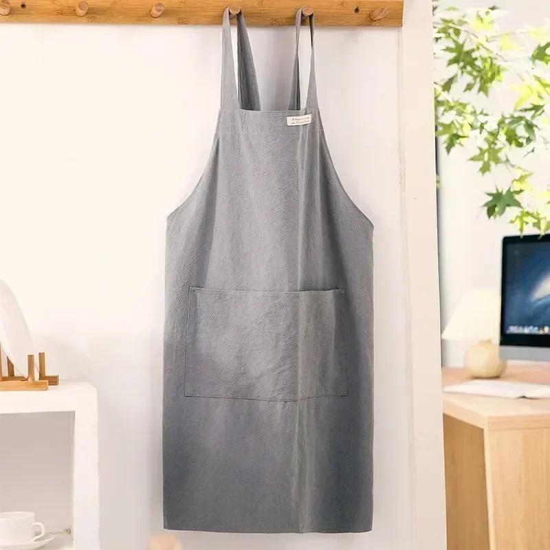 Women Simple Apron Denim Apron Cotton and Linen Solid Color Blouse Kitchen Florist Coffee Shop Apron