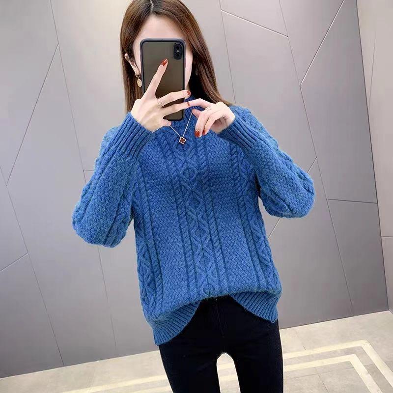 Pulover cu guler semi-înalt, pulover Răsucit cu aluat prăjit pentru tricotaje de damă toamnă și iarnă, palton exterior larg, palton de bază îngroșat